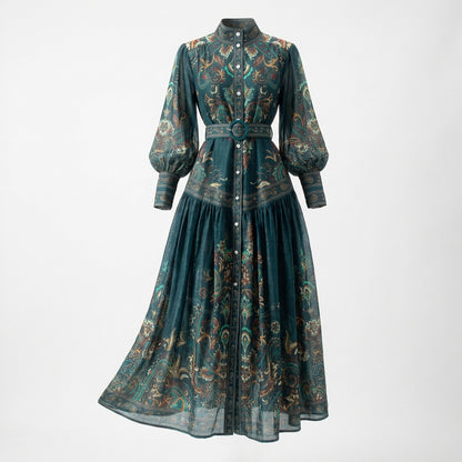 Valeria maxi dress in vintage paisley print featuring a high neck, belted waist, and lantern sleeves in Navy, Green, and Black.