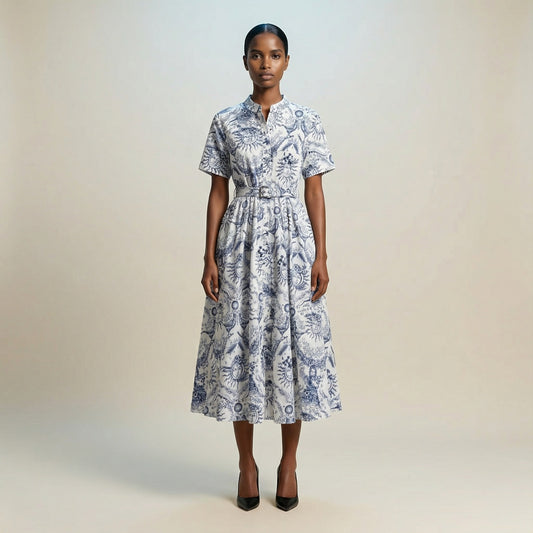 The Veronica midi dress featuring a short-sleeved ribbed knit bodice and a side-pleated accordion skirt with a matching waist belt.