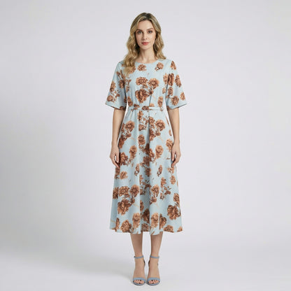Front view of Wendy sky blue midi dress with tan floral print and brown waist belt, 120cm length