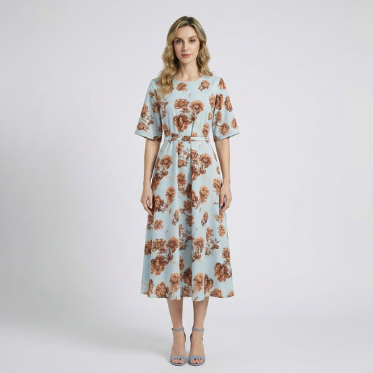 Front view of Wendy sky blue midi dress with tan floral print and brown waist belt, 120cm length