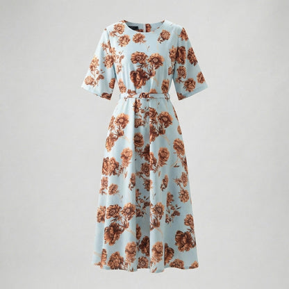 Front view of Wendy sky blue midi dress with tan floral print and brown waist belt, 120cm length