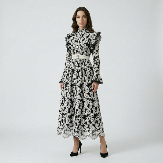 Xolile floral embroidered lace maxi dress with ruffled shoulders and white double-buckle belt, shown in pink, blue, and black.