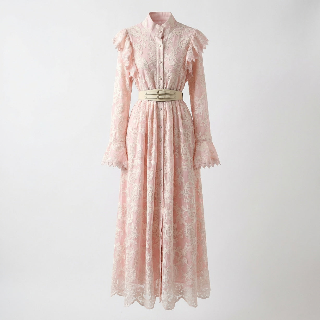 Xolile floral embroidered lace maxi dress with ruffled shoulders and white double-buckle belt, shown in pink, blue, and black.