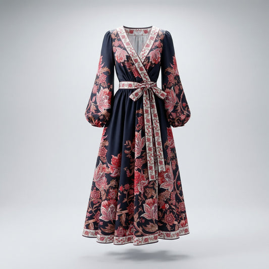 Full-length Yara floral maxi dress in black and white with balloon sleeves and waist tie, 130cm long.