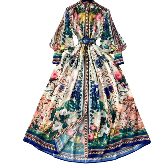 Yasmin long sleeve maxi dress featuring a belted waist and available in white floral or colorful paisley patterns.