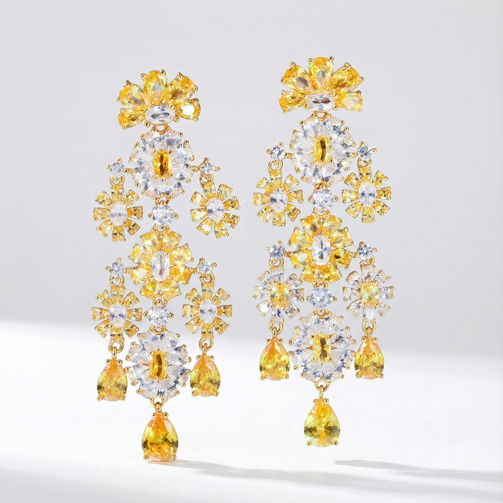 Yellow and clear chandelier rhinestone earrings with floral design for elegant and luxurious look