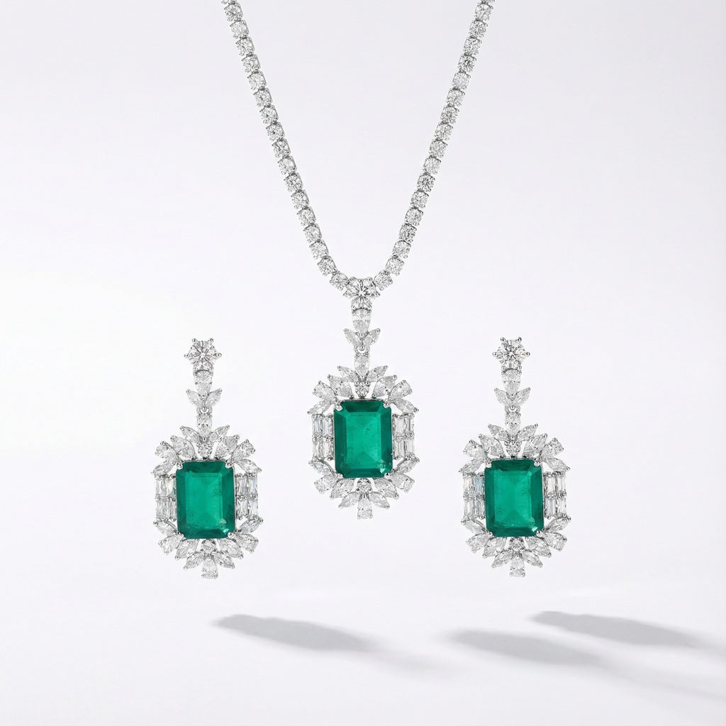 Yellow or emerald crystal drop necklace and earrings set with cubic zirconia rhinestones in silver color metal