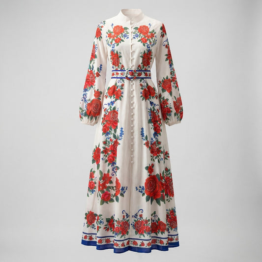 Front view of Yuliana ivory maxi dress with large red rose print, lantern sleeves, and a matching floral belt with blue trim