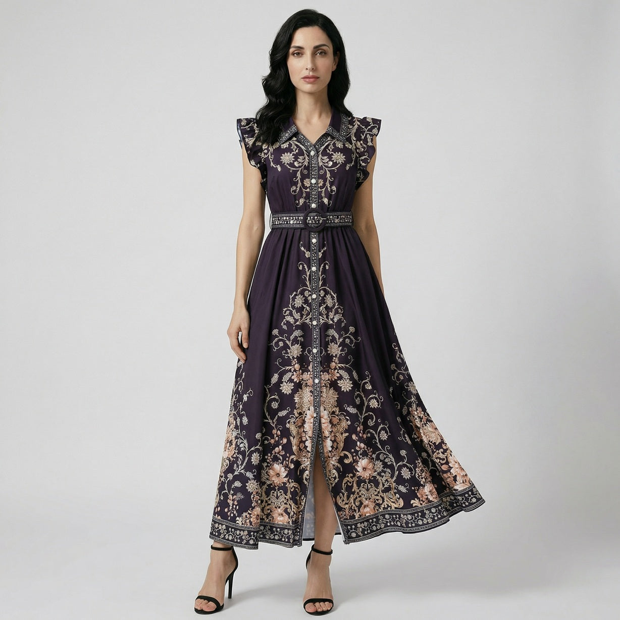 ayla maxi dress in teal green with ornate floral print, ruffle sleeves, and matching belt.