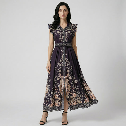 ayla maxi dress in teal green with ornate floral print, ruffle sleeves, and matching belt.