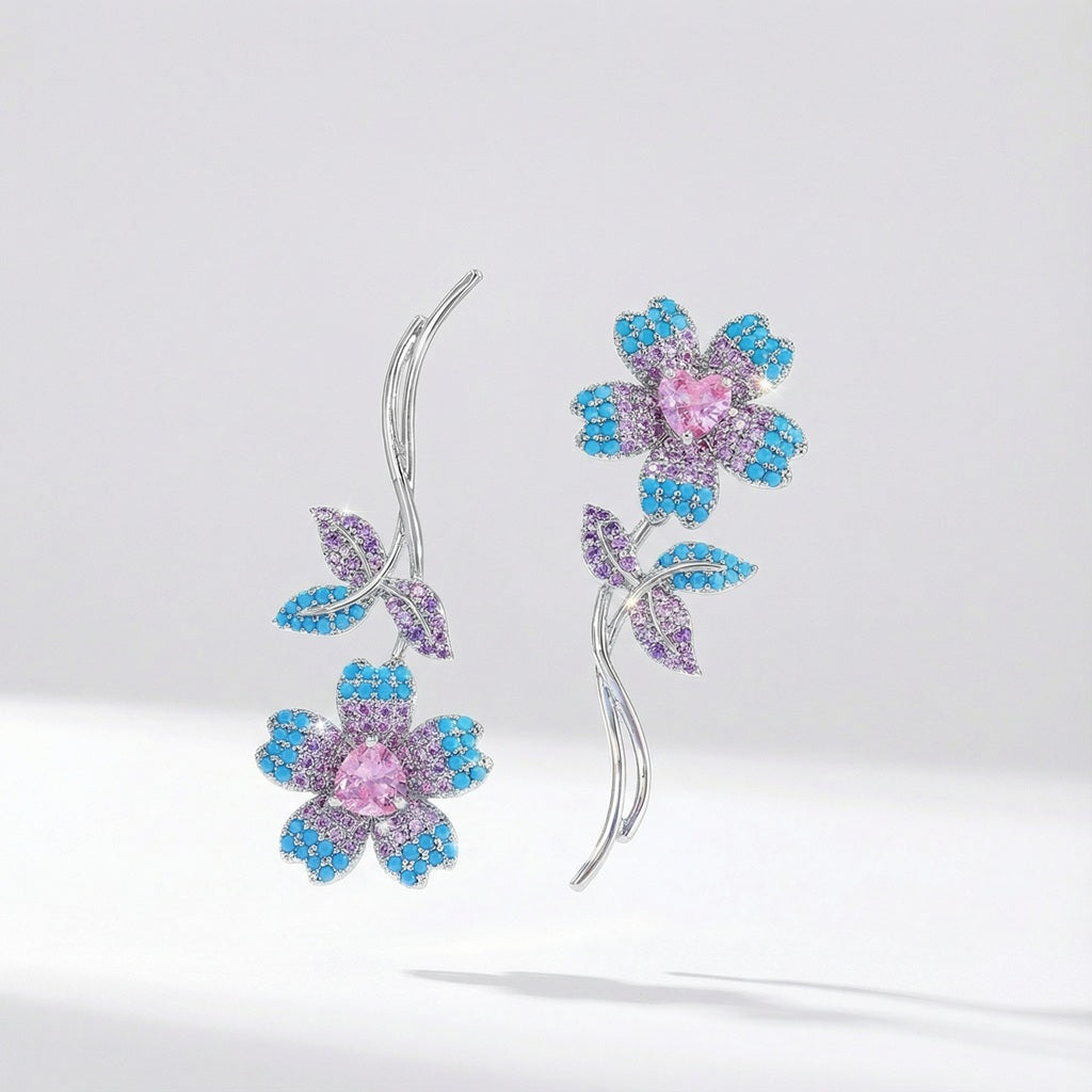 Zeta floral cubic zirconia flower earrings with pink heart crystal and blue purple rhinestones