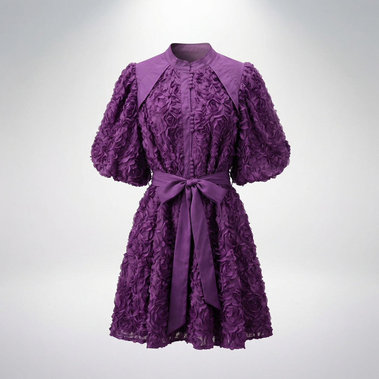 Zoe 3D rosette textured mini dress with puff sleeves and waist tie, 95cm length, available in black, pink, purple, wine, and cream.